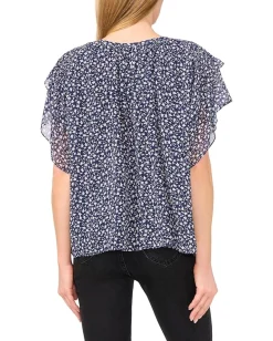 CeCe Printed Tie Neck Double Ruffled Sleeve Top Classic Navy Sale