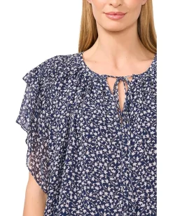 CeCe Printed Tie Neck Double Ruffled Sleeve Top Classic Navy Sale