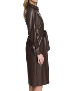 Calvin Klein PU Leather Shirtdress Coffee Bean Online