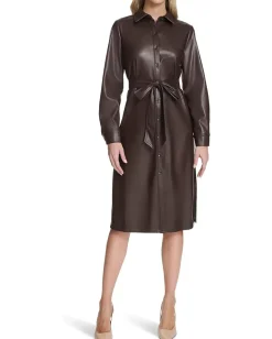 Calvin Klein PU Leather Shirtdress Coffee Bean Online