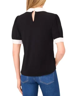 CeCe Puff Short Sleeve Contrast Collar & Bow Top Rich Black Online