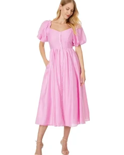 CeCe Puff Sleeve Button Down Midi Dress Peony Petal Hot