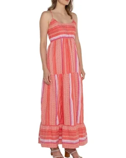 Women Liverpool Los Angeles Racer Back Tiered Maxi Dress with Smocking