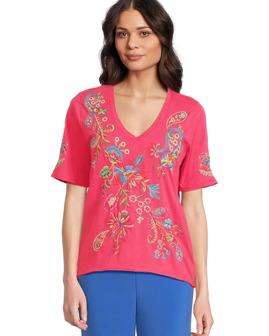 Johnny Was Raw Hem V-neck Tee - Karime Raspberry Sorbet Outlet