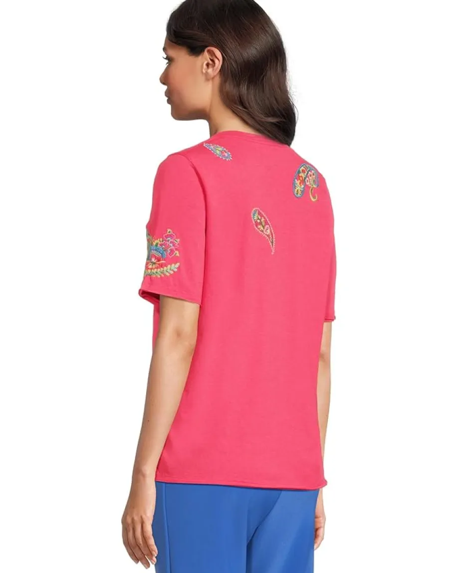 Johnny Was Raw Hem V-neck Tee - Karime Raspberry Sorbet Outlet