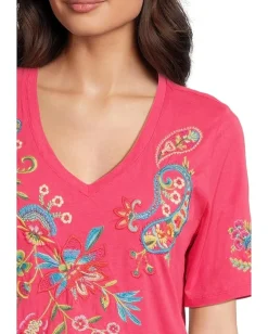 Johnny Was Raw Hem V-neck Tee - Karime Raspberry Sorbet Outlet