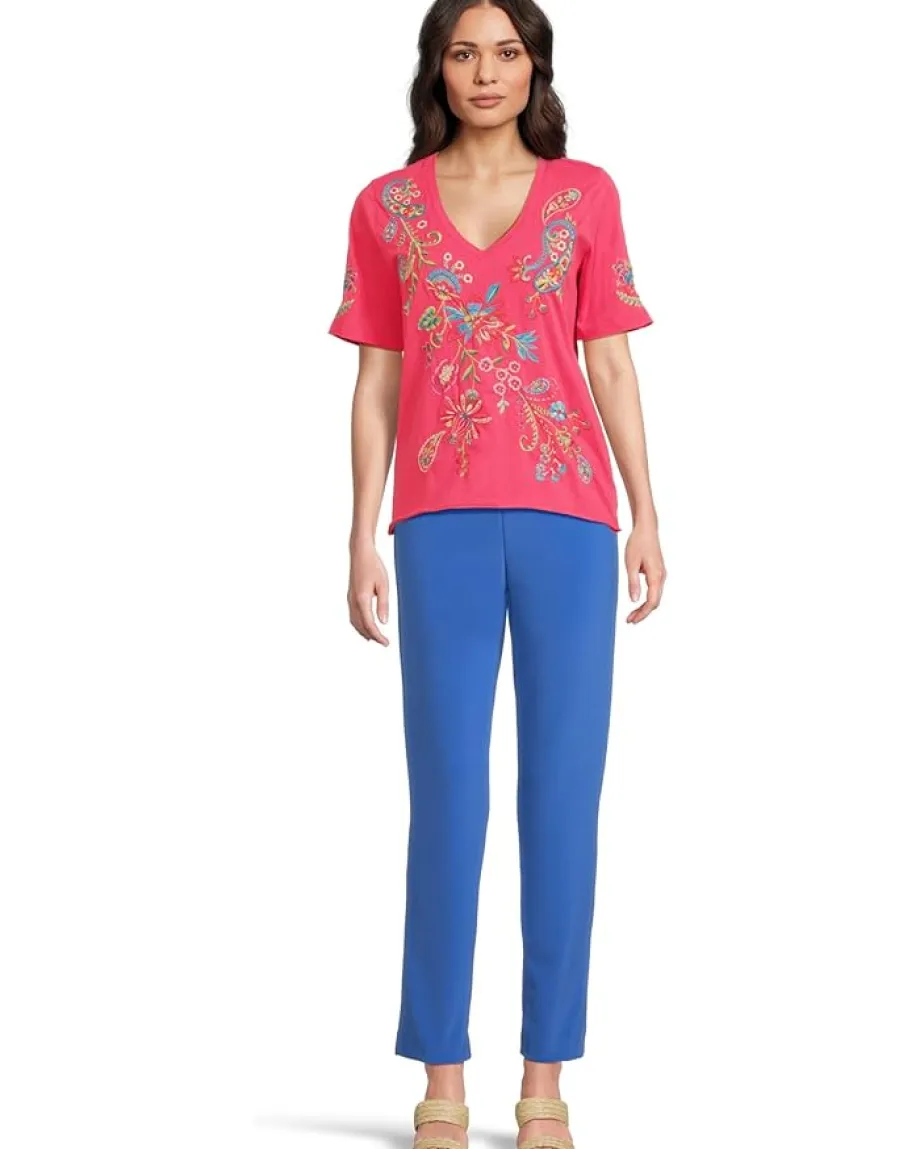 Johnny Was Raw Hem V-neck Tee - Karime Raspberry Sorbet Outlet