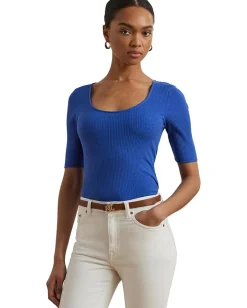 Women Lauren Ralph Lauren Rib-Knit Cotton-Blend Elbow-Sleeve Tee