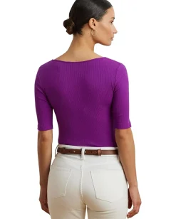 Lauren Ralph Lauren Rib-Knit Cotton-Blend Elbow-Sleeve Tee Purple Dawn Best