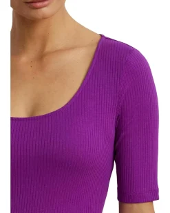 Lauren Ralph Lauren Rib-Knit Cotton-Blend Elbow-Sleeve Tee Purple Dawn Best