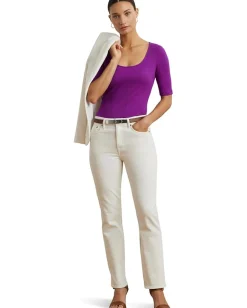 Lauren Ralph Lauren Rib-Knit Cotton-Blend Elbow-Sleeve Tee Purple Dawn Best