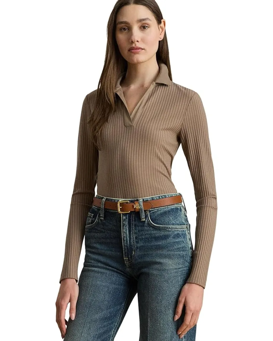 Lauren Ralph Lauren Rib-Knit Long-Sleeve Polo Top Taupe Brown Outlet