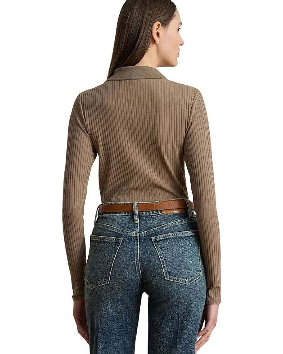 Lauren Ralph Lauren Rib-Knit Long-Sleeve Polo Top Taupe Brown Outlet