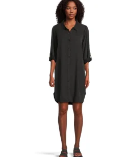 Mod-o-doc Roll-up Long Sleeve Shirt Dress Black New
