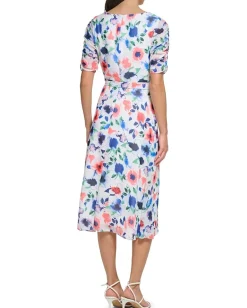 Women DKNY Ruched Sleeve V-Neck Faux Wrap Dress