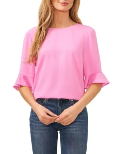 CeCe Ruffle Cuff Crew Neck Blouse Bright Peony New