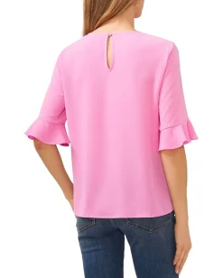 CeCe Ruffle Cuff Crew Neck Blouse Bright Peony New