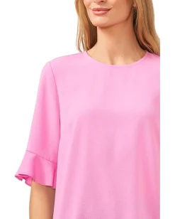 CeCe Ruffle Cuff Crew Neck Blouse Bright Peony New