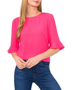 CeCe Ruffle Cuff Crew Neck Blouse Bright Rose Sale