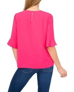 CeCe Ruffle Cuff Crew Neck Blouse Bright Rose Sale
