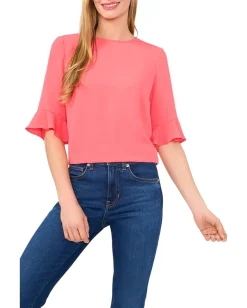 CeCe Ruffle Cuff Crew Neck Blouse Calypso Coral Online