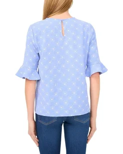 CeCe Ruffle Cuff Embroidered Crew Neck Top Blue Spritz Outlet