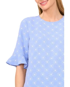 CeCe Ruffle Cuff Embroidered Crew Neck Top Blue Spritz Outlet