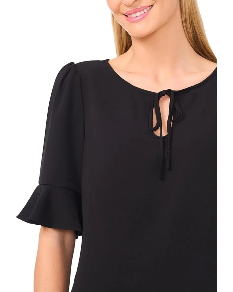 Women CeCe Ruffle Cuff Split Tie Neck Top