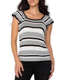 Liverpool Los Angeles Ruffle Sleeve Square Neck Sweater Top Black/White Stripe Best