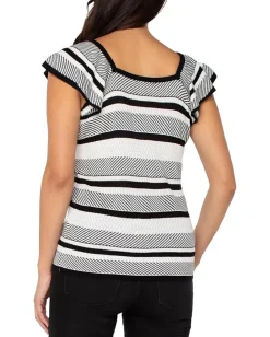 Liverpool Los Angeles Ruffle Sleeve Square Neck Sweater Top Black/White Stripe Best