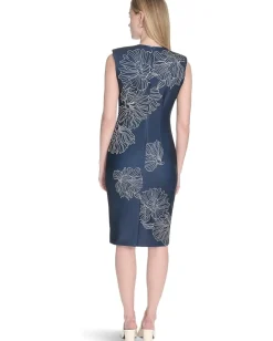 Calvin Klein Scuba Cap Sleeve Floral Printed Sheath Indigo/Antique White Sale