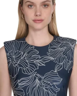 Calvin Klein Scuba Cap Sleeve Floral Printed Sheath Indigo/Antique White Sale