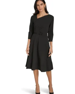 Women Calvin Klein Scuba Crepe Asym Rouched Neck Midi With Belt