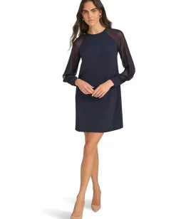 Women Calvin Klein Scuba Crepe Chiffon Sleeve Aline Dress