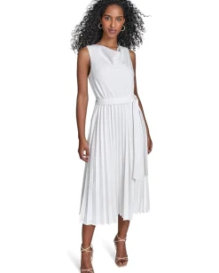 Calvin Klein Scuba Crepe Pleat Skirt Dress Cream Best
