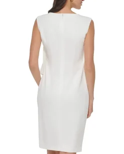 Calvin Klein Scuba Crepe Sheath with Ruching Detail Cream Hot