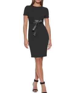 Calvin Klein Scuba Crepe Short Sheath Dress with Faux Leather Belt Black Sale