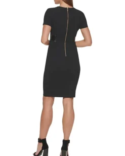 Calvin Klein Scuba Crepe Short Sheath Dress with Faux Leather Belt Black Sale