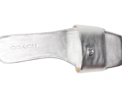 COACH Sculpted C Metallic Leather Flat Sandals Silver New