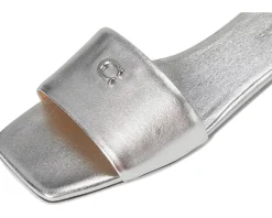 COACH Sculpted C Metallic Leather Flat Sandals Silver New