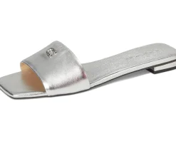 COACH Sculpted C Metallic Leather Flat Sandals Silver New