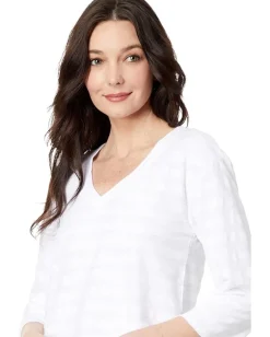 Mod-o-doc Shadow Stripe French Terry 3/4 Sleeve V-Neck Hi-Low Top White Online