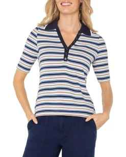 Liverpool Los Angeles Shirred 1/2 Sleeve Collared Henley Knit Top Blue Multi Stripe