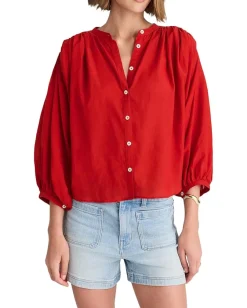 Madewell Shirred Crewneck Button-Up Top Cherry Red Online
