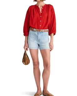 Madewell Shirred Crewneck Button-Up Top Cherry Red Online