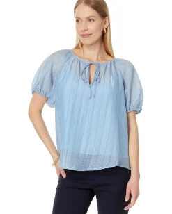 Vince Camuto Shirred V Neck Blouse W Short Puff Slvs Airy Blue