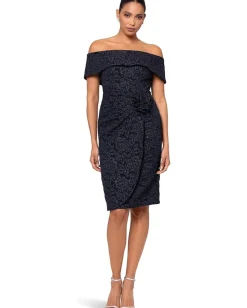 XSCAPE Short Brocade Off The Shoulder Flower Black Best