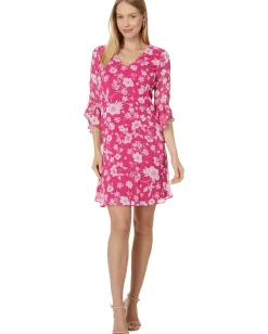 Women Calvin Klein Short Chiffon Dress with Bell Sleeves