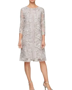 Women Alex Evenings Short Embroidered Mock Dress with Illusion Sleeves