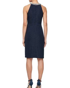 Alex Evenings Short Metallic Knit Dress with Beaded Neckline Dark Dark Navy Outlet